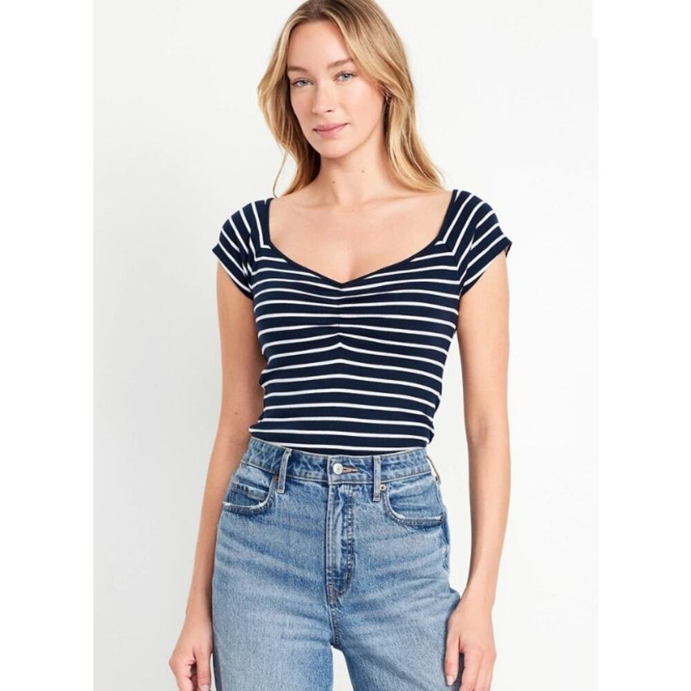 Old Navy Striped Fitted Ribbed Top Navy Blue White Stripes NEW Womens Petite XL